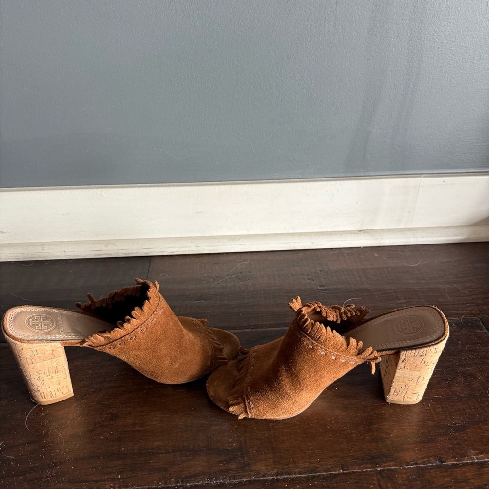 Tory Burch Tan Suede Fringe Mules